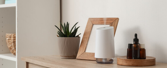 Air humidifier with essential oils and frame on shelf in living room