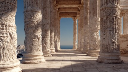Obraz premium Ancient Coastal Colonnade: Ornate Pillars and Ocean View