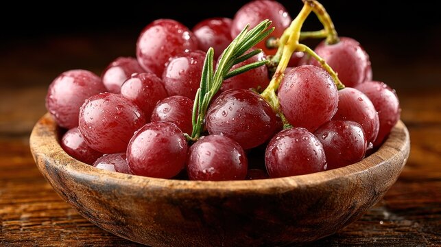Juicy Red Grapes in Wooden Bowl with Rosemary