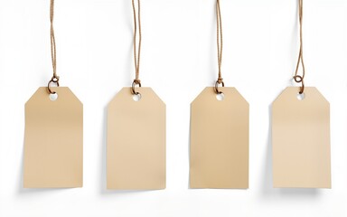 set of rectangular, light beige gift tags with metal loops. isolated on transparent background. High quality