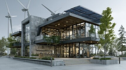 Fototapeta premium Sustainable Modern Office Building with Wind Turbines and Solar Panels