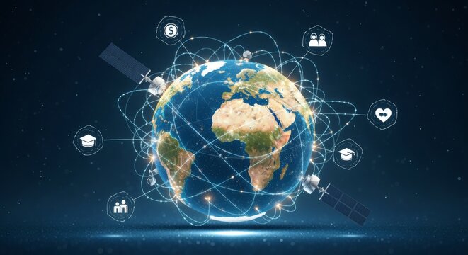 Global interconnectedness visualized: Earth surrounded by orbiting satellites and communication icons.