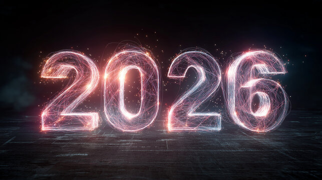 Neon light trails forming glowing 2026 digits with futuristic energy and dark background