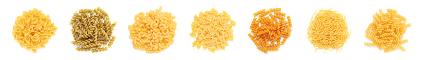 Set of different pasta types on white background, top view