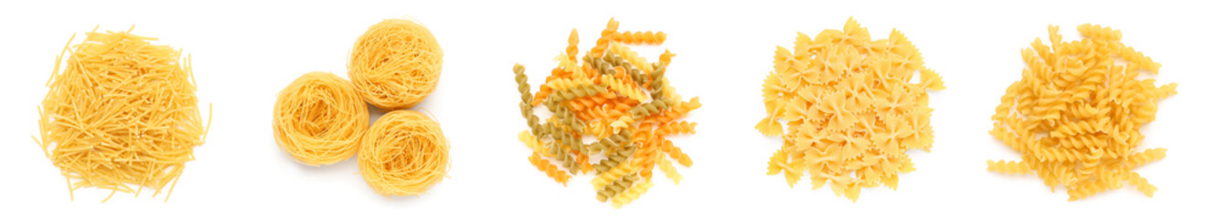 Set of different pasta types on white background, top view