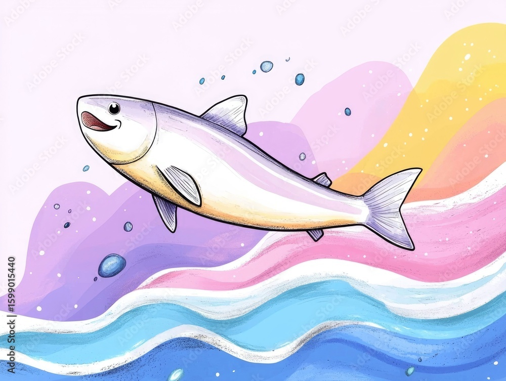 Poster striking digital featuring a minimalist line art depiction of a fish swimming through pastel colored