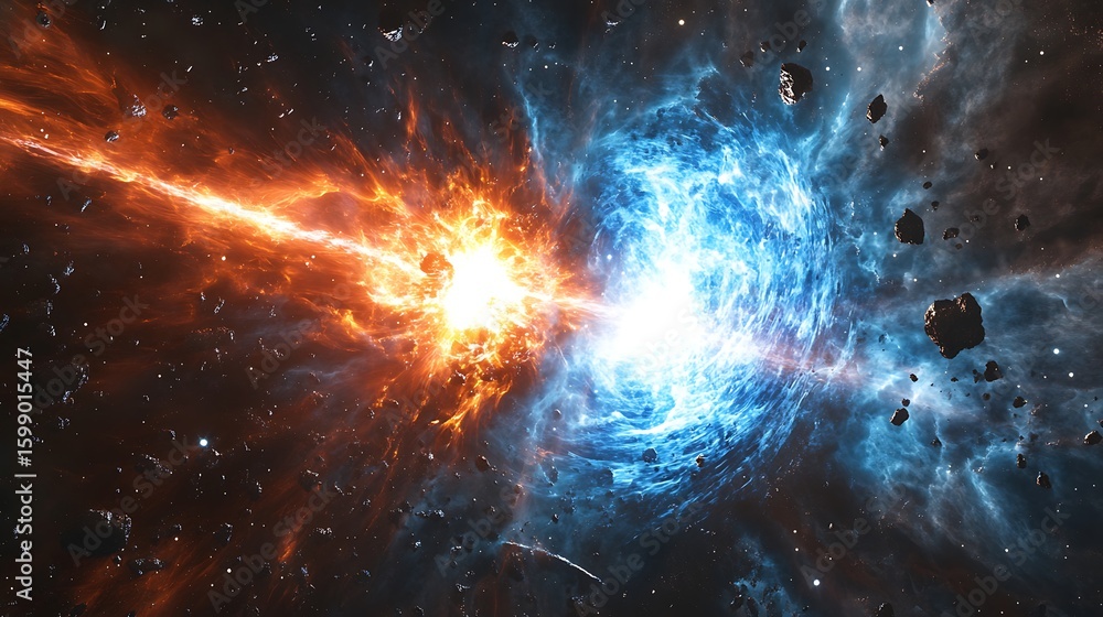 Poster cosmic collision of orange and blue space clouds with asteroids