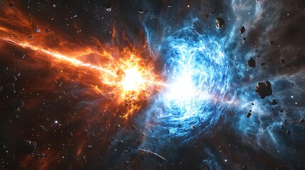 Cosmic Collision of Orange and Blue Space Clouds with Asteroids