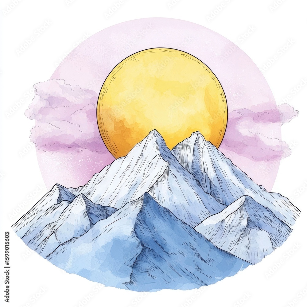Poster minimalist line art of a mountain range with a pastel gradient sky and clouds serene and tranquil mo