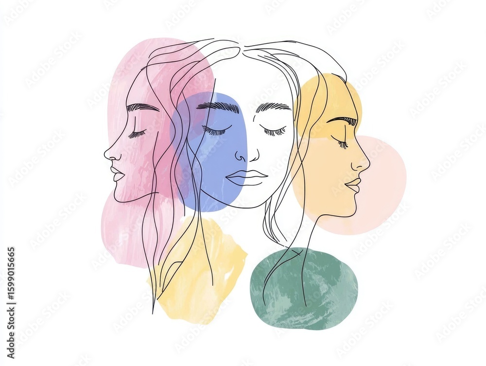 Poster minimalist line art portrait featuring a face profile highlighted by organic pastel shapes and color