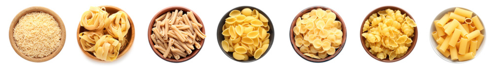 Set of different pasta types on white background, top view