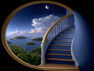 an endless staircase spiraling upwards into a sky filled with floating islands,