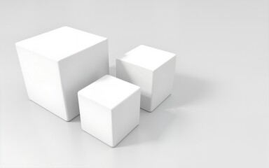 Three white cubes, varying sizes, on a neutral background. High quality
