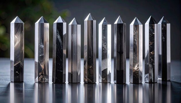 Dark Smoky Quartz Pillars Standing on a Reflective Surface with Geometric Facets and Polished Texture