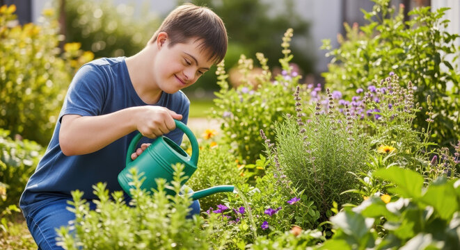 A young man with down syndrome waters flowers in a lush garden with a green watering can outside home