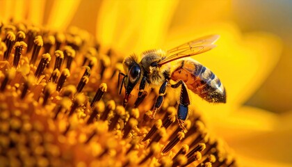 Detailed Macro Shot Of A Bee Pollinating A Vibrant Yellow Sunflower With Visible Pollen And Textured Petals
