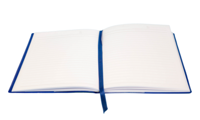 Open Lined Notebook with Blue Cover and Ribbon on transparent Background isolated