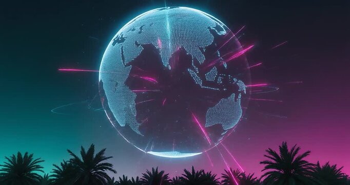 Digital Earth pulsates gently with light with small data stream flowing across its surface