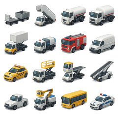Transport 3d icon set. featuring truck, taxi, fire engine, cargo, bus, tanker, and more.