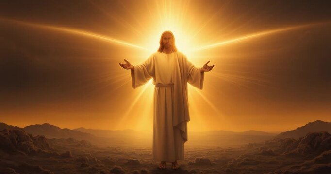 Divine presence with radiating light ray gently pulsing outward from halo in golden cloud and mountain landscape