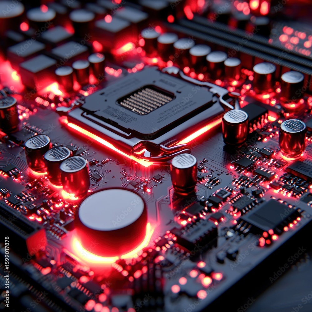 Poster illuminated circuitry: a close-up of a computer motherboard's intricate design