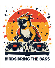 DJ bird playing music at a colorful party scene