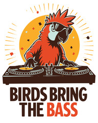 Colorful parrot DJing at turntables with vibrant background