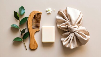 Flat Lay Composition Of Haircare Essentials With Shampoo Bar Wooden Comb And Silk Scrunchie On Beige Surface