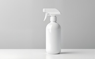 A minimalist image of a blank, white spray bottle placed against a neutral gray background, ready for branding or product presentation.. High quality