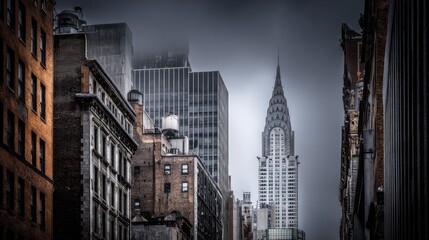 Fototapeta premium Foggy city skyline, looking up at skyscrapers