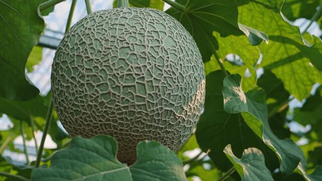 A cantaloupe hanging from the vine surrounded by green leaves in a garden setting outdoors
