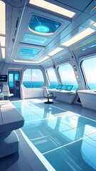 Futuristic Research Vessel Interior Featuring Transparent Floor Viewports with Ocean View in Bright Blue Tones