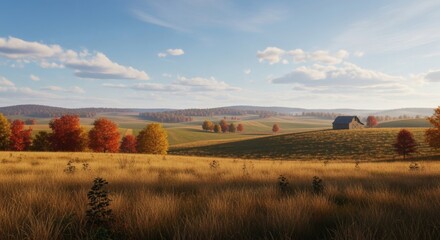 Obraz premium A picturesque autumn landscape with rolling hills, vibrant trees, and a small barn under a bright blue sky.