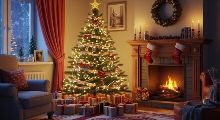Fototapeta premium Cozy living room decorated for Christmas, featuring a lit tree, fireplace, and presents.