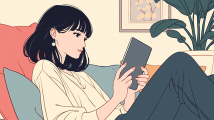 部屋の中でタブレット端末を操作しながらくつろぐ女性の姿を描いた癒しのワンシーン｜リラックスした日常風景と現代的ライフスタイルを感じさせるアニメ風イラスト素材｜室内、ガジェット、現代女性、日常生活に最適