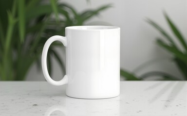 White Blank Mug Mockup on Terrazzo Tabletop with Greenery. High quality