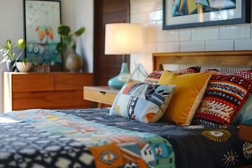 Cozy bedroom interior with patterned pillows and quilt, bright lamp and wooden furniture