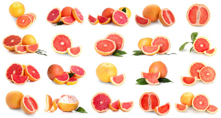 Set of many fresh grapefruits on white background