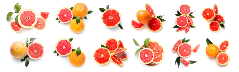 Set of fresh grapefruits on white background, top view