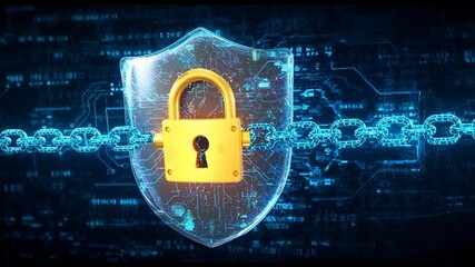 Digital security concept with golden padlock and shield icon interconnected by blockchain chain - Powered by Adobe