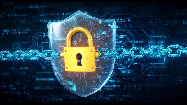 Digital security concept with golden padlock and shield icon interconnected by blockchain chain - Powered by Adobe