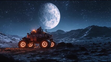 Robotic rover exploring lunar landscape under giant moon and starry night sky