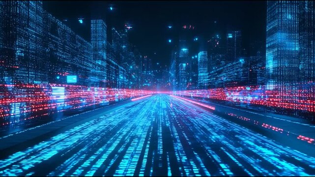 Futuristic urban street with glowing binary code data stream on road and building