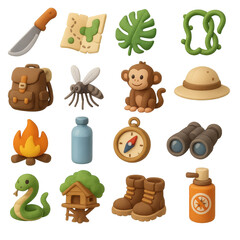Fototapeta premium Adventure flat icons set. containing machete, map, leaf, vines, backpack, mosquito, monkey, hat, fire, and more.