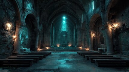 Fototapeta premium Mysterious ancient church interior with stone arches and illumination
