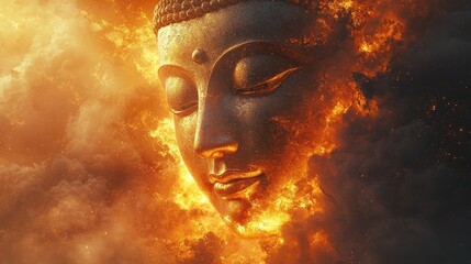 Buddha in Flames: A Digital Artwork Depicting Serenity Amidst Chaos