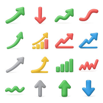 Financial arrows 3d icon set: rising, falling, bar graphs, line graphs, growth, decline, trends, analytics