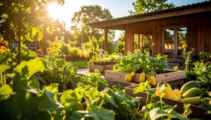 Obraz premium Sunny garden with raised beds