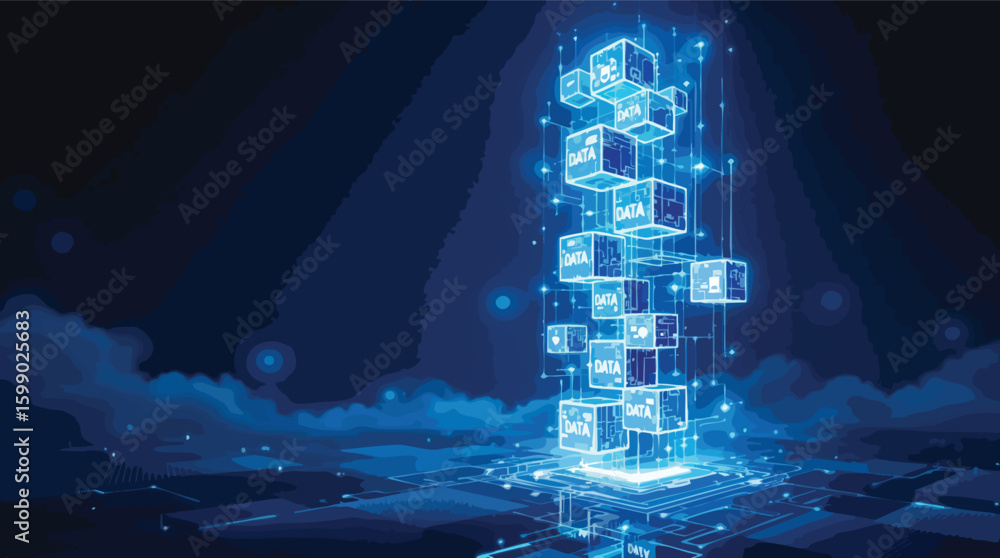 Poster abstract digital illustration of data flow network with data cubes in blue tones.