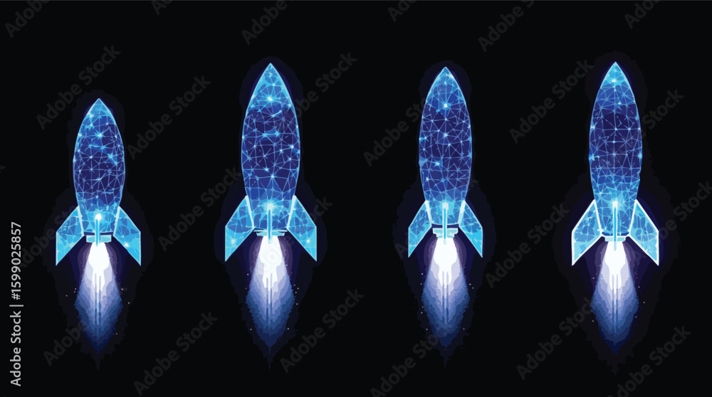 Poster abstract digital rockets ascending with glowing trail representing growth and innovation concepts.